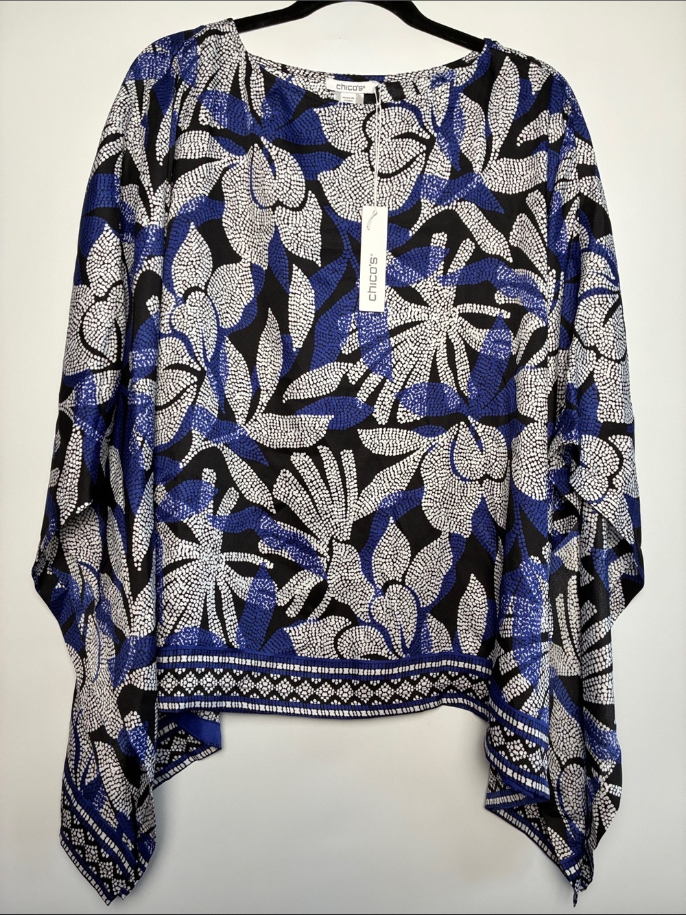 Chico's Black, White & Blue Floral Poncho Blouse